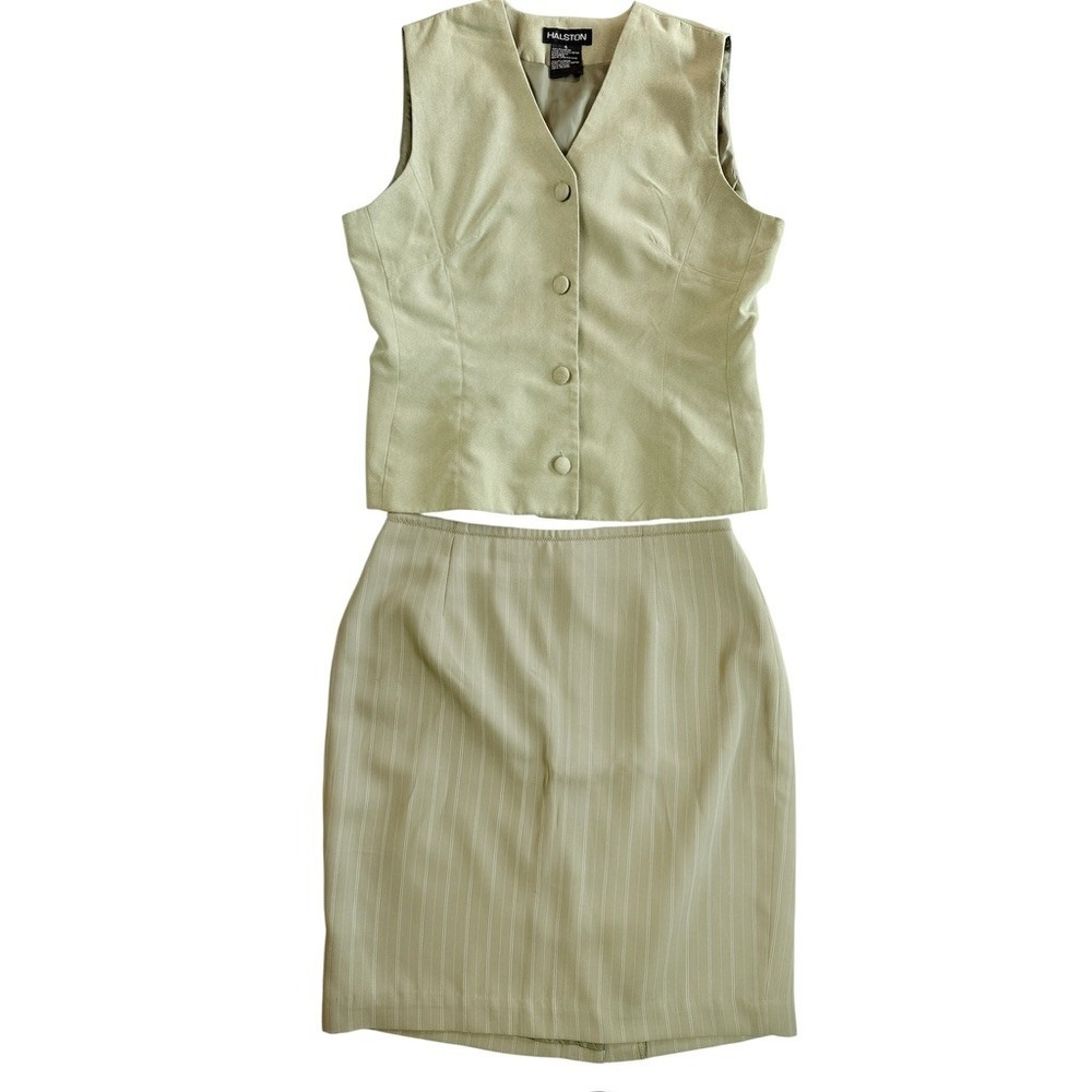 Halston Skirt Suit Womens 6/10 Sage Green Pinstripe Vest Set